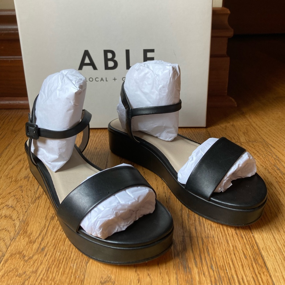 NEW Able Black Larissa Block Wedge Sandals